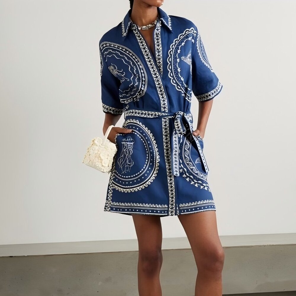 Alemais Oceane belted printed linen mini shirt dress